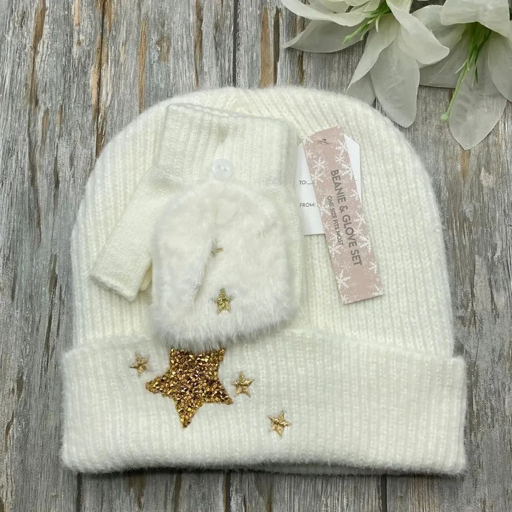 Girls Starry Night Winter Cozy Faux Fur Hat & Gloves 2-Piece Set